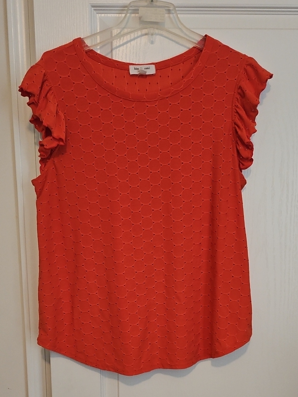 Kim & Cami Coral Red Eyelet Ruffle Sleeve Top